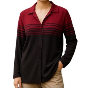 Vintage Jessica Long Line Cardigan Sweater Striped Wine Black Collared V Plus 1X